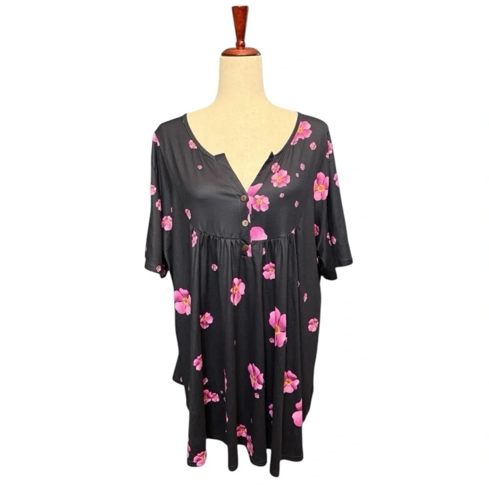 Women’s Plus Floral Short Sleeve Button Top V Smock Blouse. Black Pink 3X #1506 - Picture 1 of 6